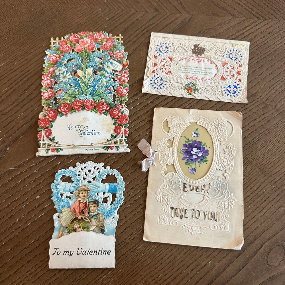4 Antique Victorian Valentine Christmas Cards Die Cut Paper Lace Made in Germany